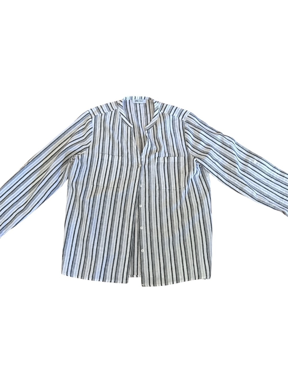 Nine West White & Black Striped Button-Down Shirt - linen blend